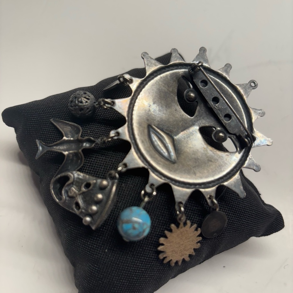 Silver Sun Face Brooch  Pin  Pendant with Charms - Picture 5 of 11